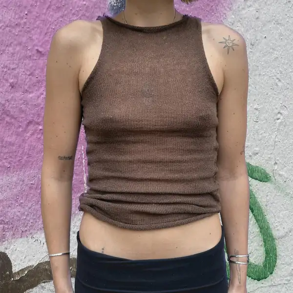 Front: dusty-brown mohair knit sleeveless top with a rolled neckline.